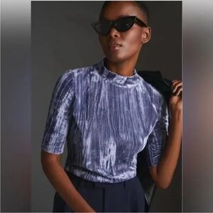 Pilcro crushed velvet Shimmery Pleated Blue Mock-Neck Top